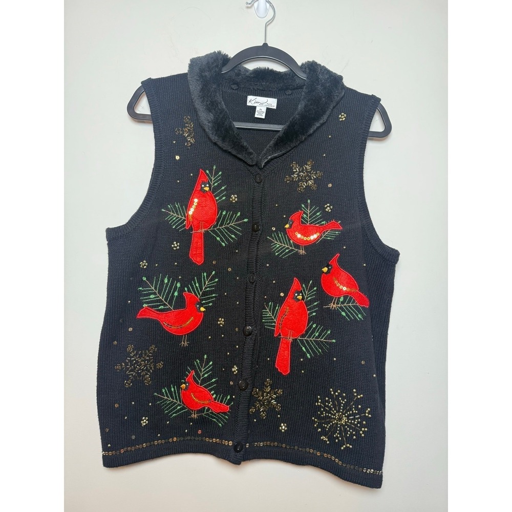 Kim Rogers Sweater Vest Black Cardinal Faux Fur Collar Holiday Women PL